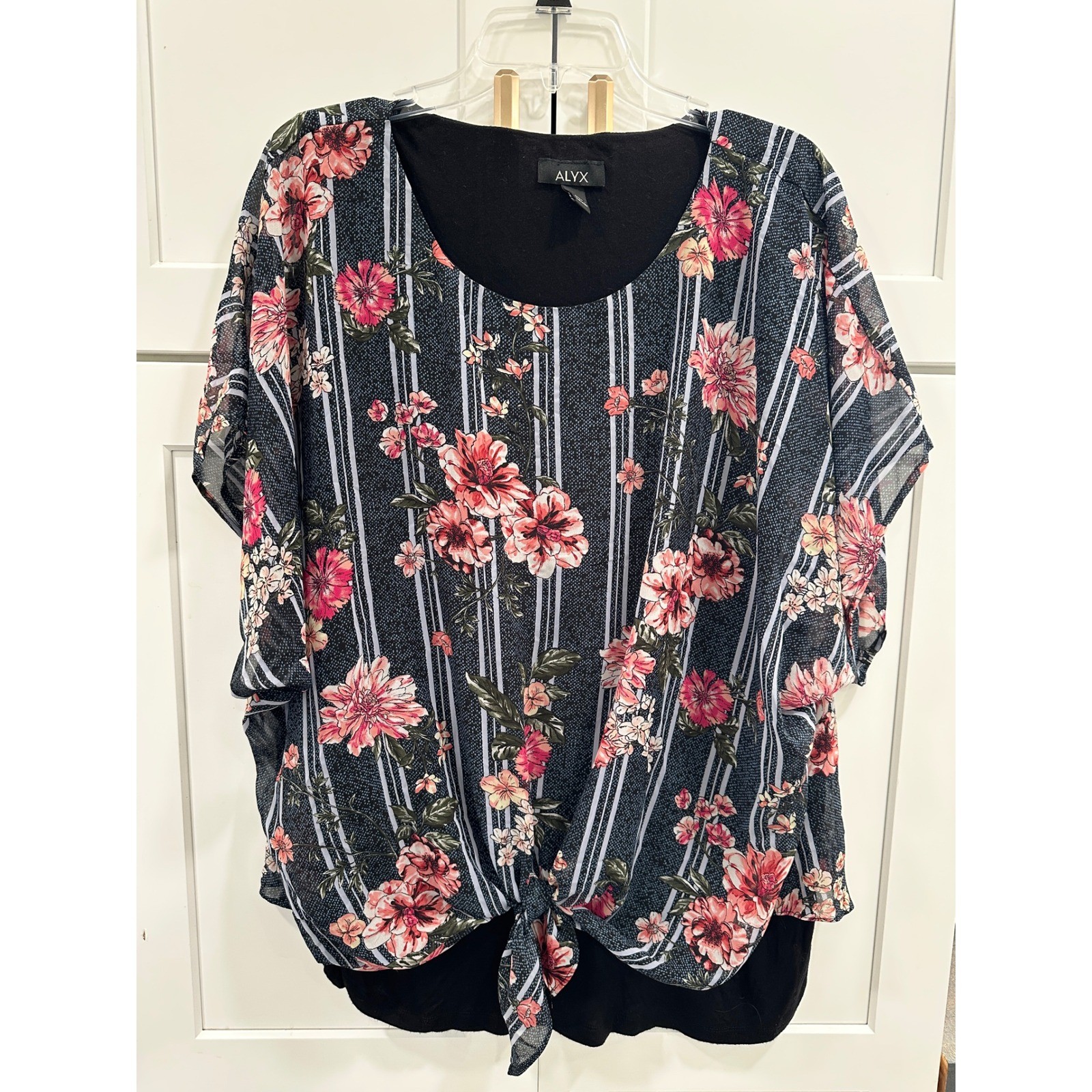 Alyx Womens 1X Floral Stripe Layered Top Front Tie Short Sleeve Blouse Navy Pink