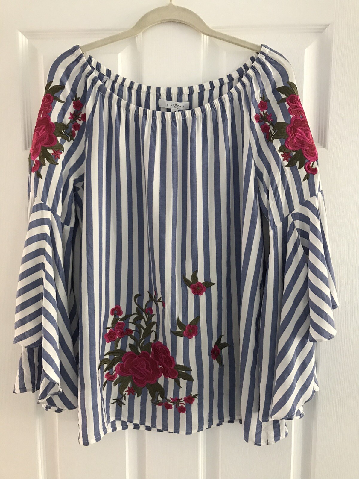 FLORAL EMBROIDERED OFF SHOULDER TUNIC BLOUSE TOP SIZE M