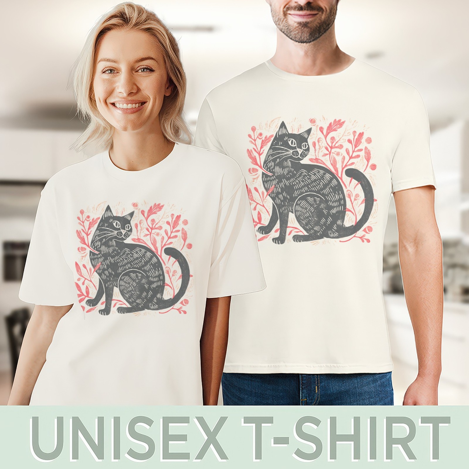 Black Cat Botanical Graphic Tee Woodcut Style Nature Art