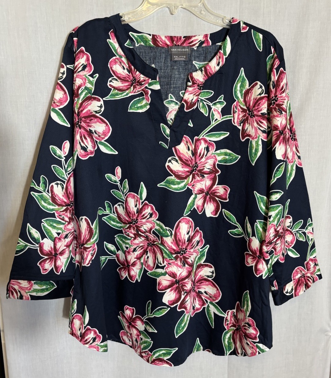 Van Heusen Size XXL Blue Floral Blouse 3/4 Sleeve Split Round Neck Tunic Top