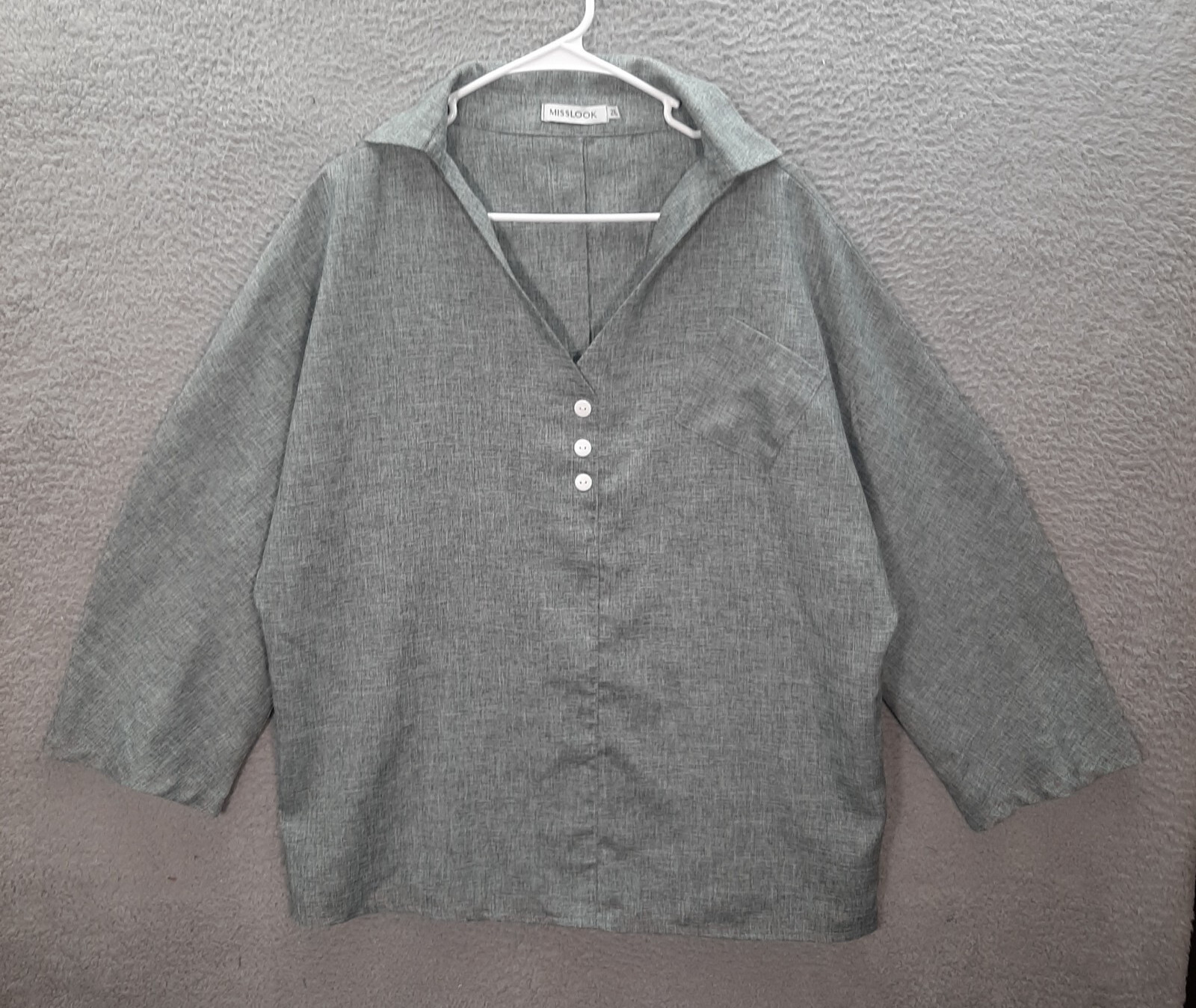 Miss Look Shirt Womens 2XL Gray Relaxed V Neck Preppy Careerwear Nautical Casual