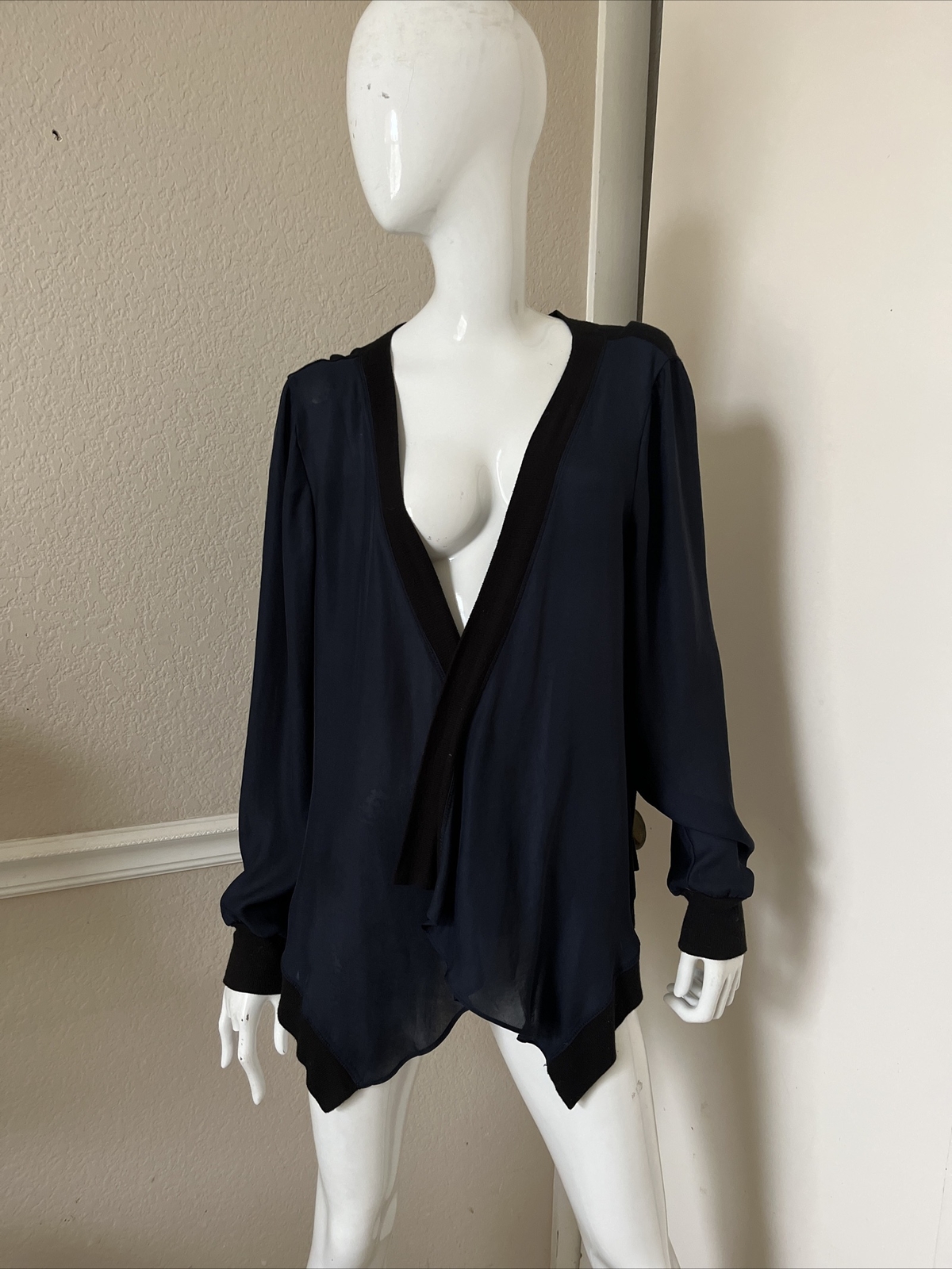 HEATHER BY BORDEAUX NEW Navy Blue Silky Rayon Lightweight Draped Open Cardigan M