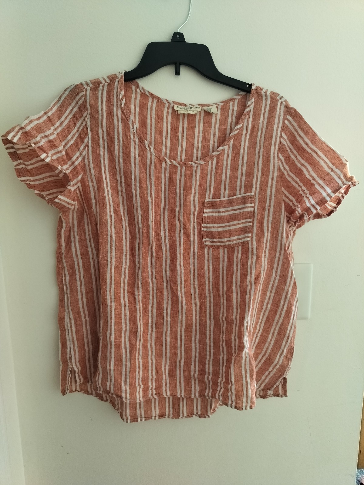 CHRISTIAN SIRIANO Womens White Stripe 100% Linen Pocket Tee Blouse Shirt Medium