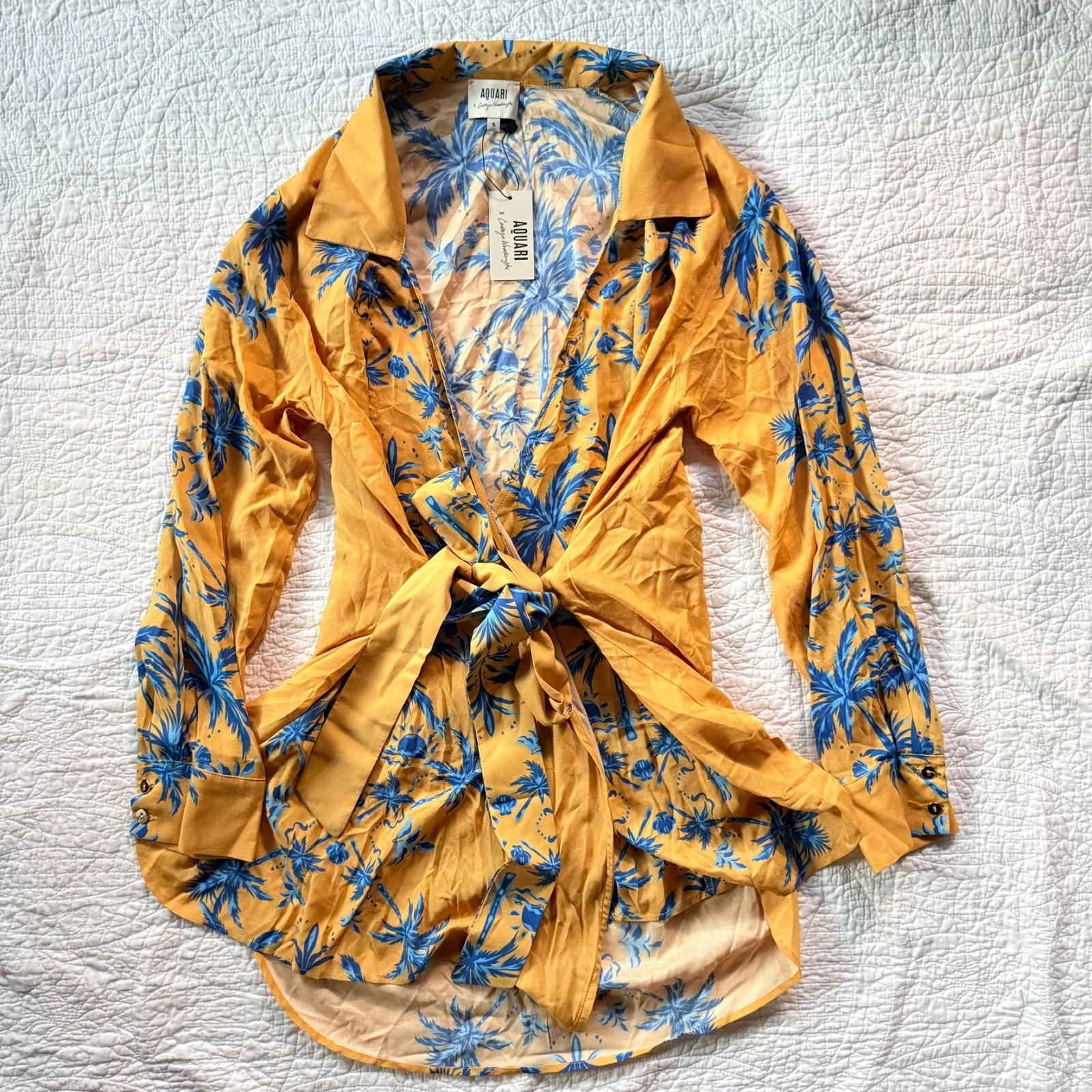 $198 NWT Aquari Yellow Blue Palm Tree Robe Wrap Dress Size S Boho Resort Wear