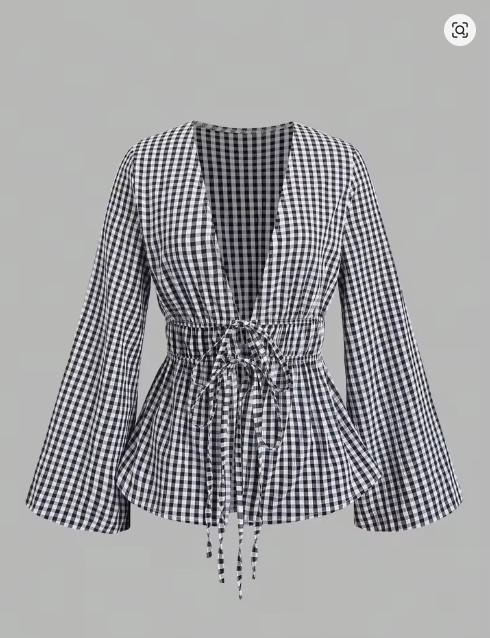 Women’s Striped Tie Waist Puff Sleeve Blouse Peplum V Neck Shirt Top