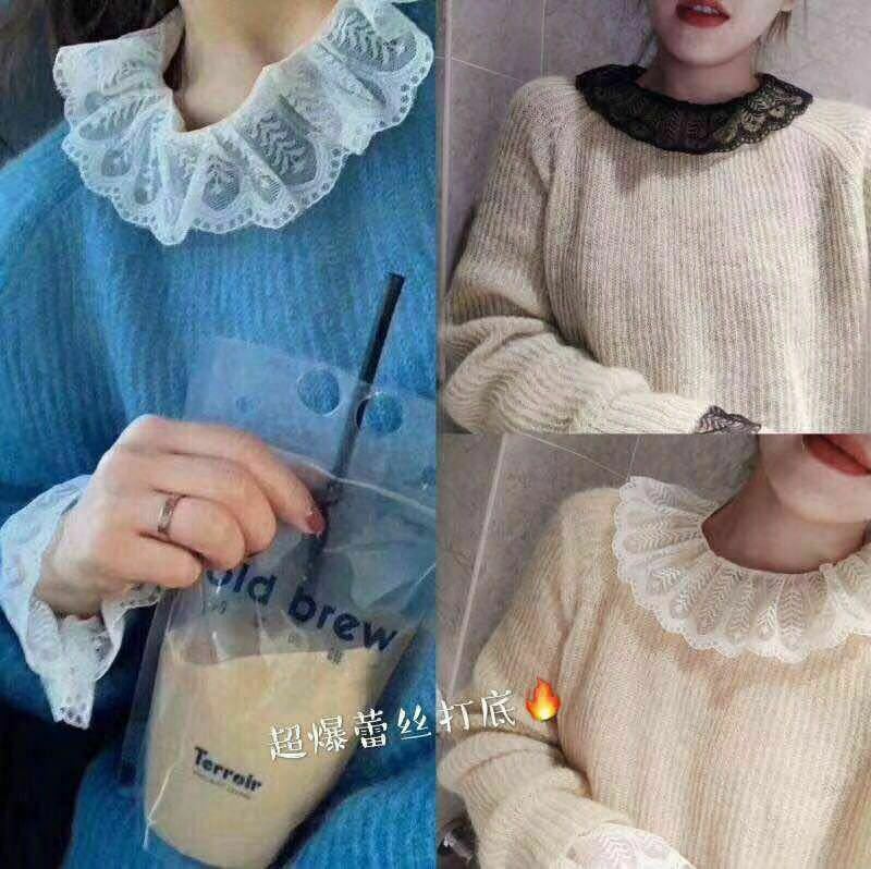 Women Lace Shirt Tops Mesh Sheer Peter Pan Collar Blouse Lolita Flare Sleeve