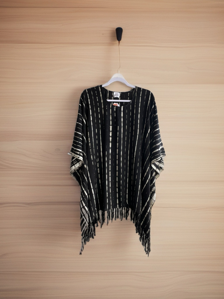 0158/ Tie Dye Rayon Poncho: Boho Beach Cover-Up, Oversized Top, Black Cream