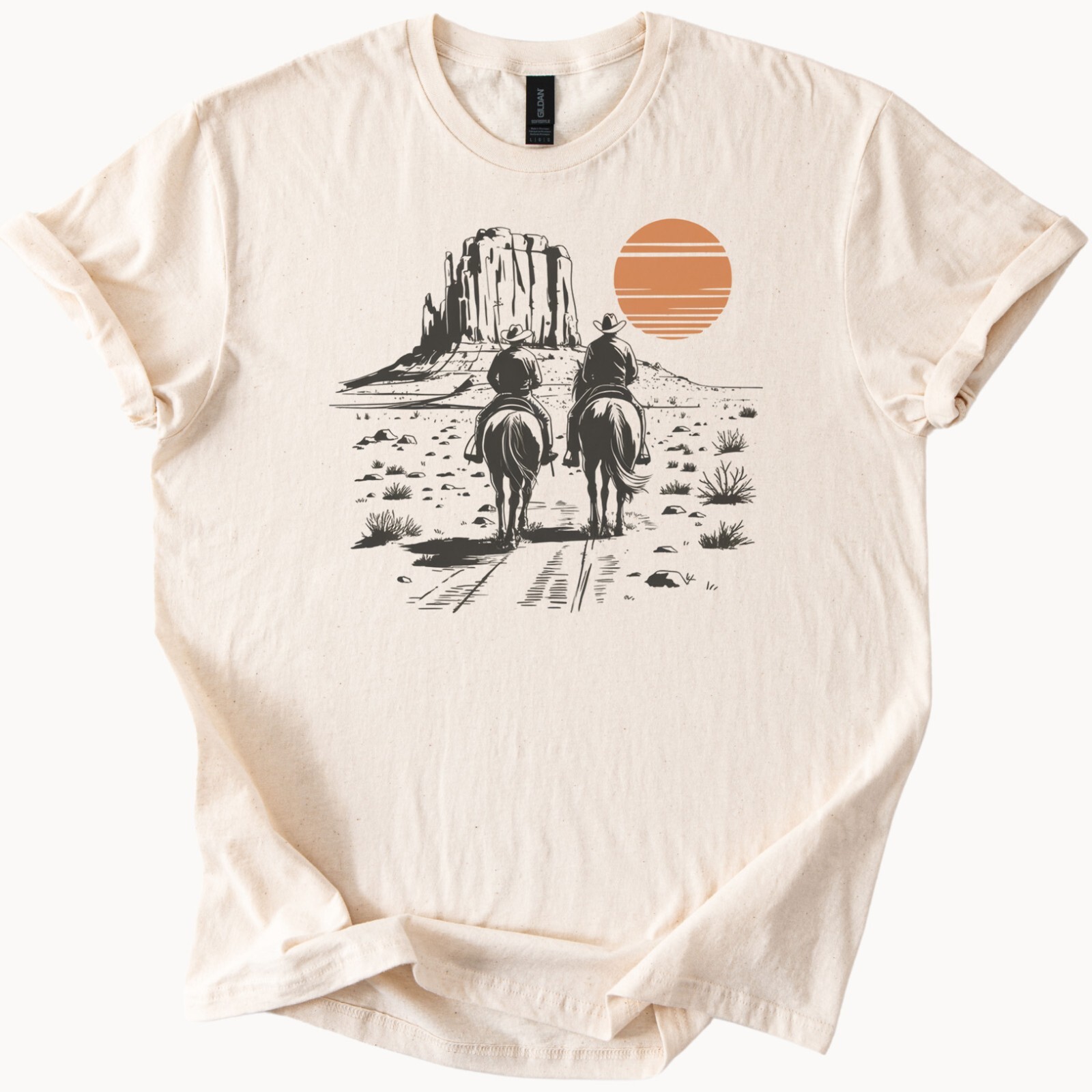 Cowboys on Horseback Desert Ride Western Sunset Graphic T Shirt Unisex