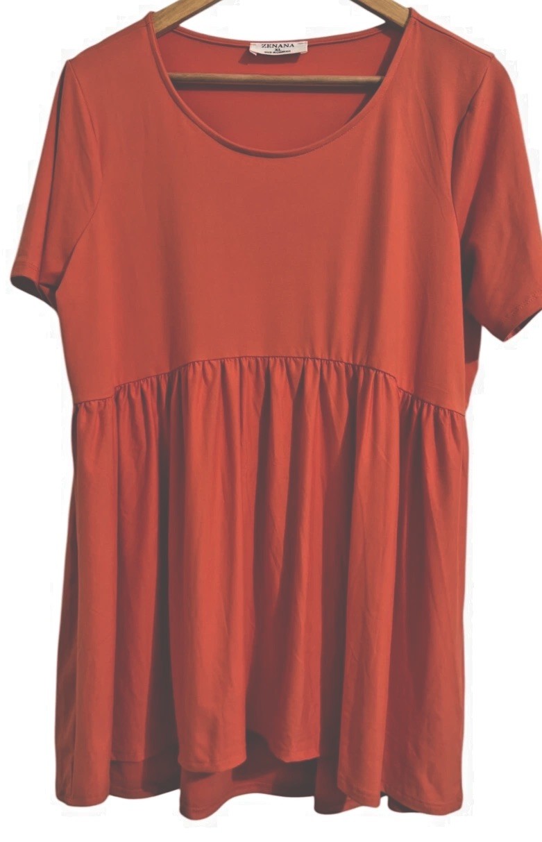 Zenana XL Orange Top High Gathered Waist Stretchy Short Sleeve Hi-Lo Hemline