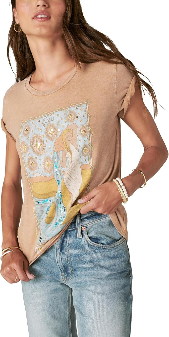 Lucky Brand Womens The Star Tarot Print Crewneck Cotton TShirt, Cafe Au Lait, XS