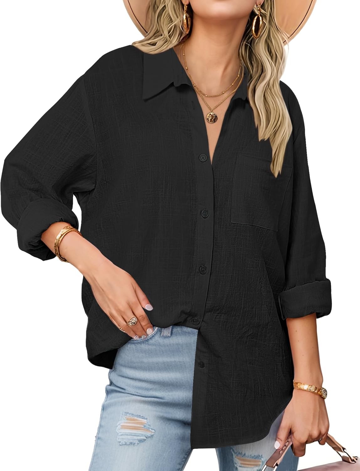 Womens Cotton Gauze Button Down Shirt Long Sleeve Loose Fit Casual Lightweight