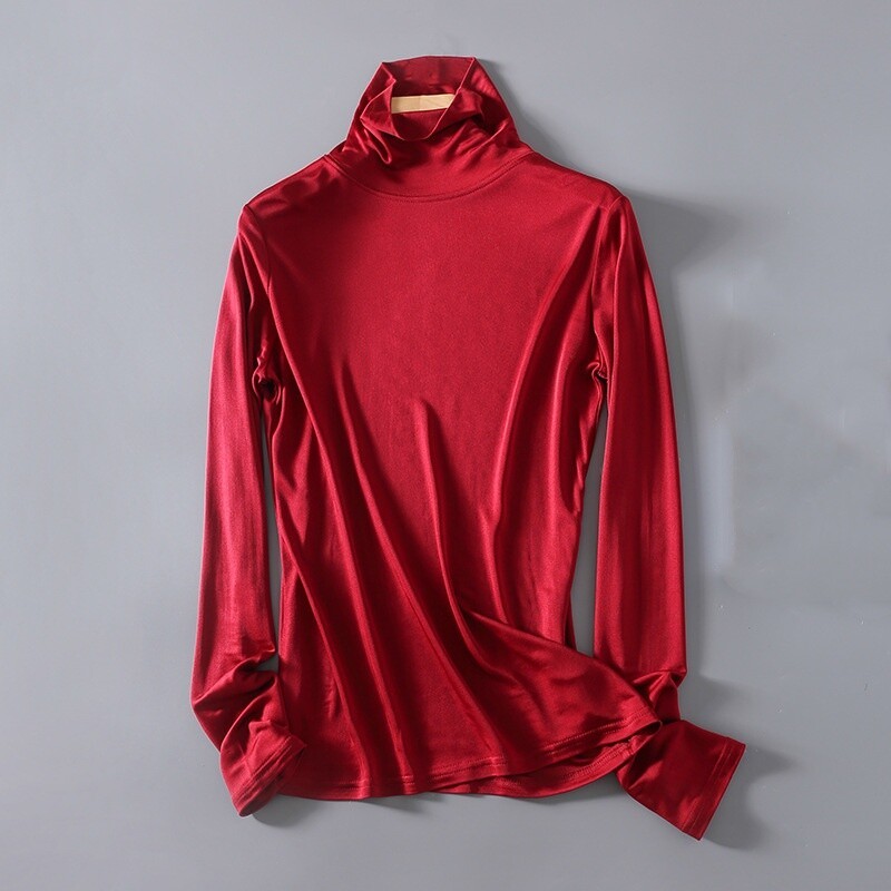 Women Mulberry Silk Shirts Turtle Neck Long Sleeve Thermal Shirt Base Layer Top