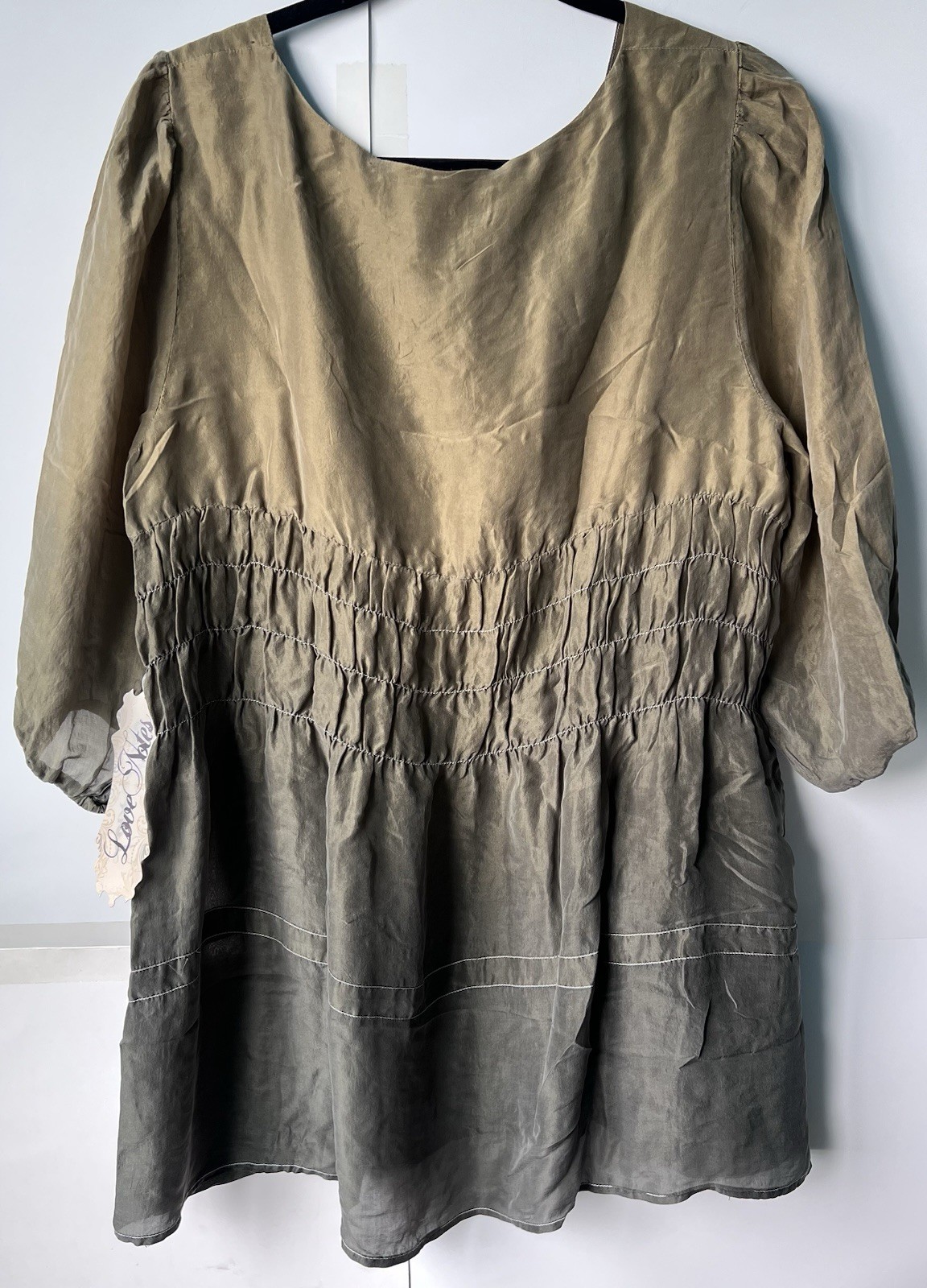 NWT Love Notes 100% silk Smocked Tunic Top XL Olive Khahi Boho Bishop Sleeve