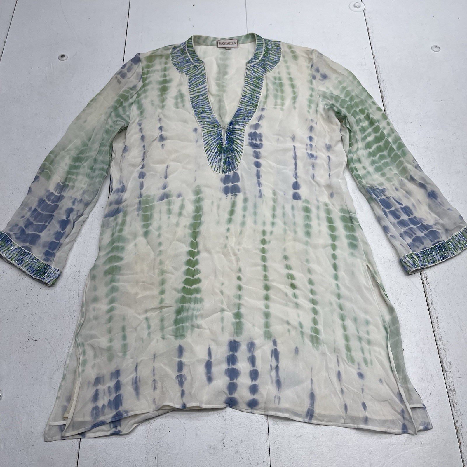 Kaneshka White Blue & Green Beaded Printed Silk Tunic Blouse Women’s Size Medium