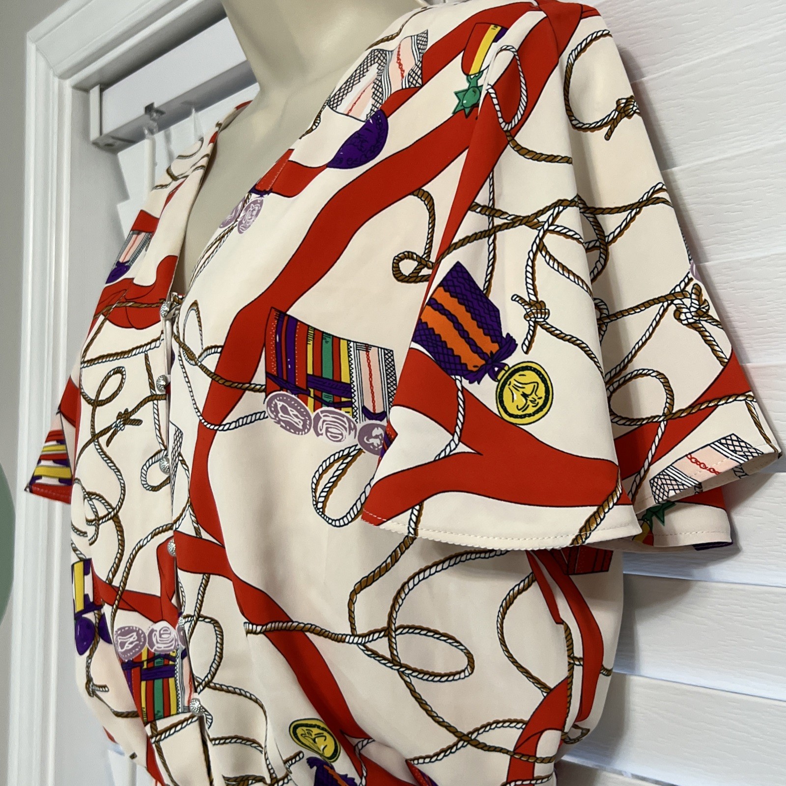 Vibrant Jumpsuit Classic Pattern Buttons Elastic Waist Flutter Sleeves Preloved