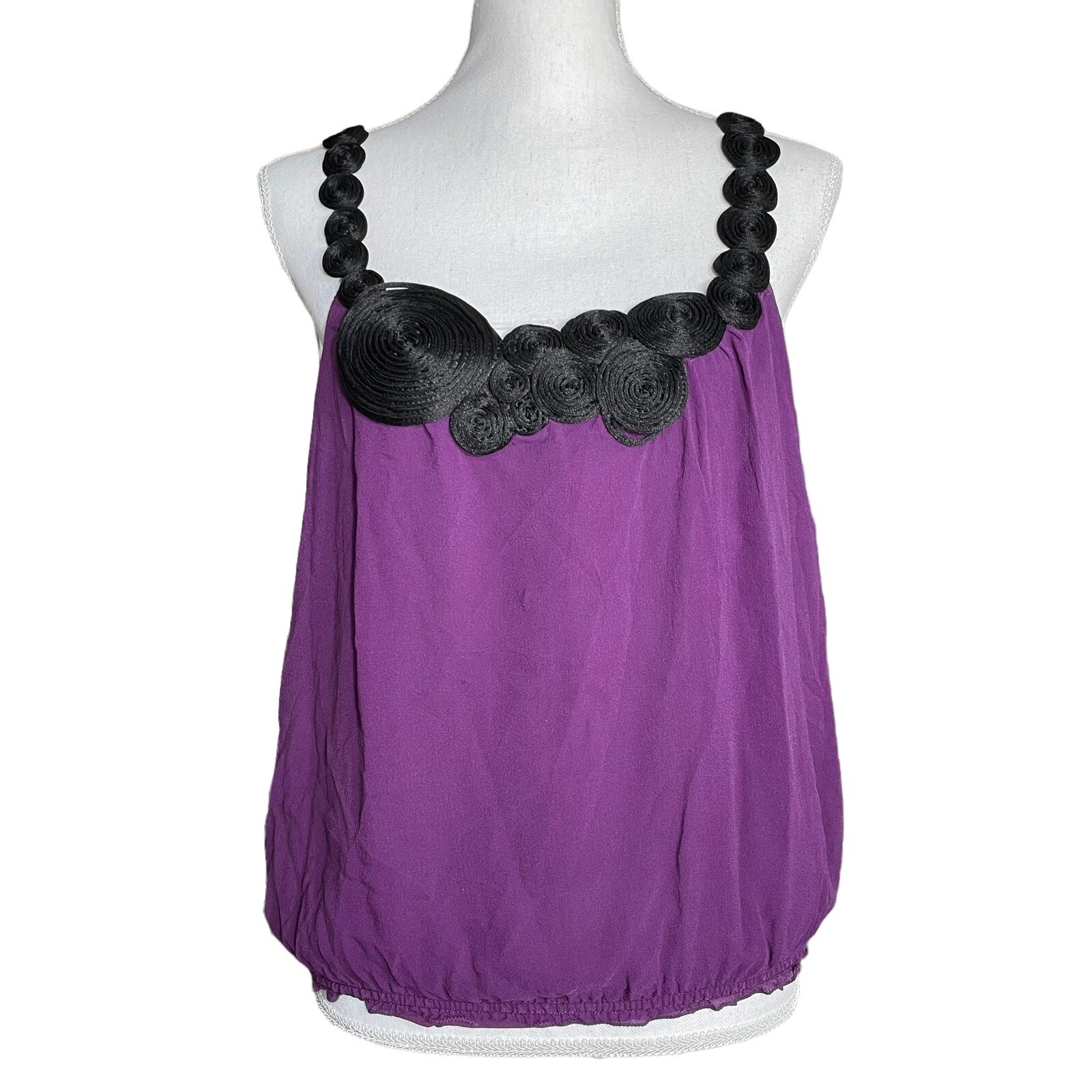 100% Silk Chiffon Swirl Cami EUC L Y2K Spaghetti Strap Applique Banded Hem