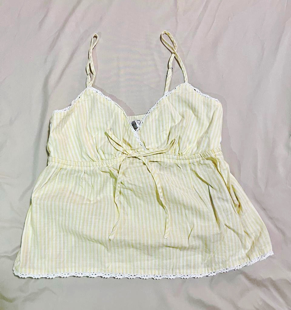 Maddiegirl Yellow/White Striped Camisole Tank Lace Trim Bow Adjustable Straps XS