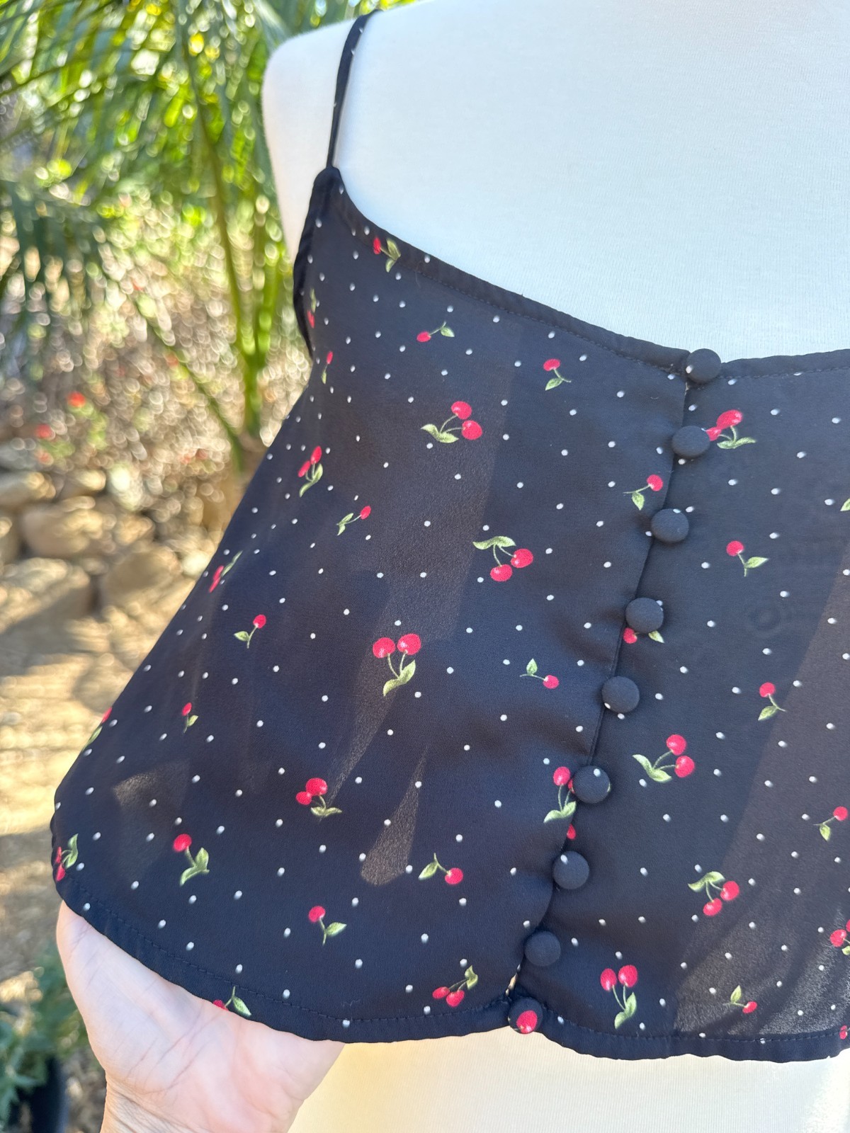 90s Y2K Revival Sheer Cherry Micro Dot Cropped Cami Size S Whimsigoth Dark Fairy