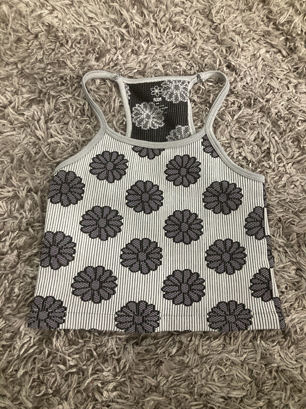 Aura Racerback Spaghetti Strap Flora Grey Tank Top Sixe XS Stretch Comfort