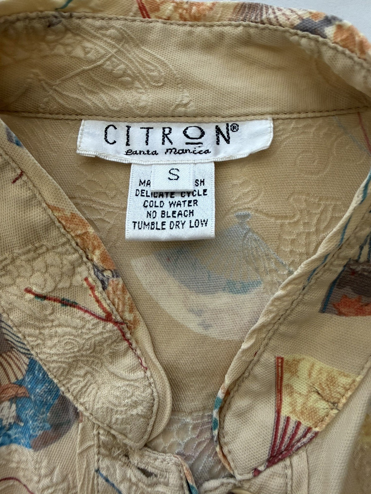CITRON Santa Monica Silk Art to Wear Asian Fan Print Mandarin Collar Top Size S