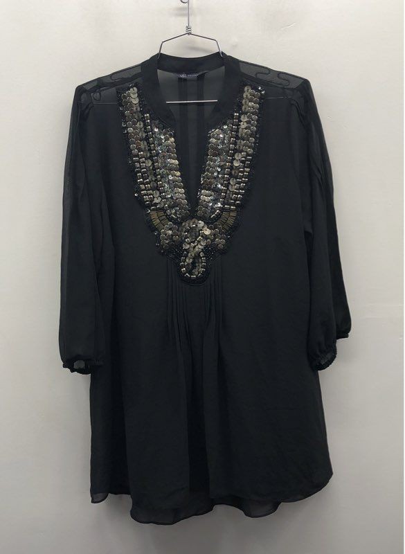 M&S Collection Women’s Black Sequin Beaded V-Neck Blouse Tunic Size M