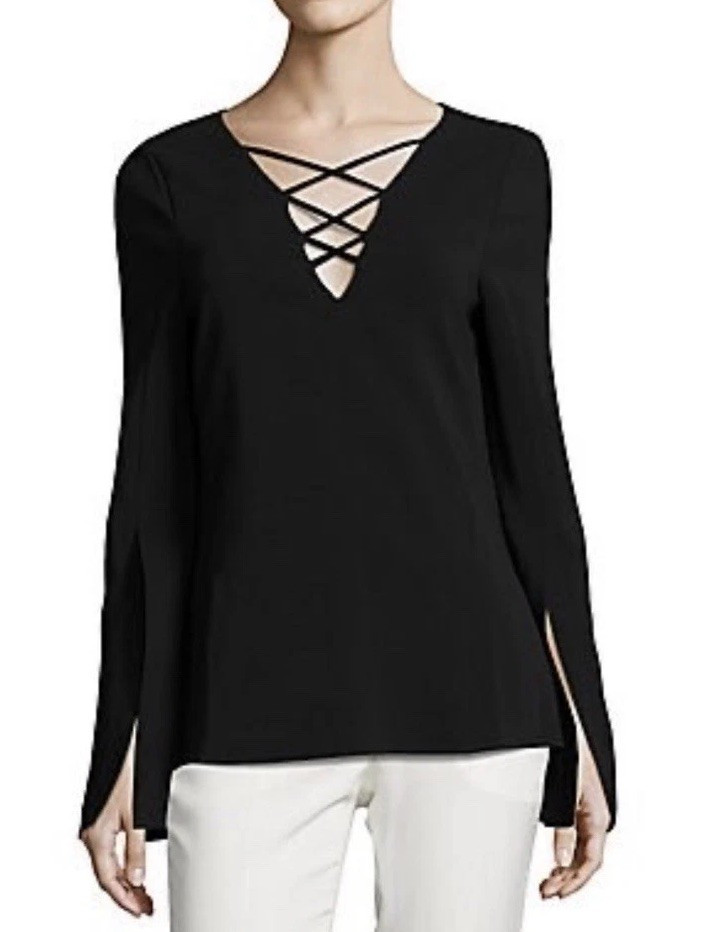 Ramy Brook Allie Black Lace-Up Long Sleeve Top Women’s 2 S Flared Slit Sleeve