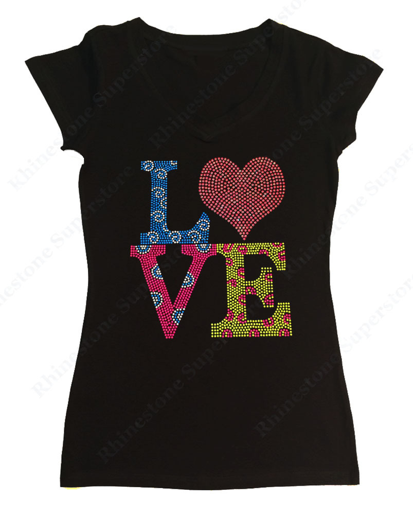 Women’s Rhinestone T-shirt ” Colorful LOVE ” in S, M, L, 1X, 2X, 3X, Heart