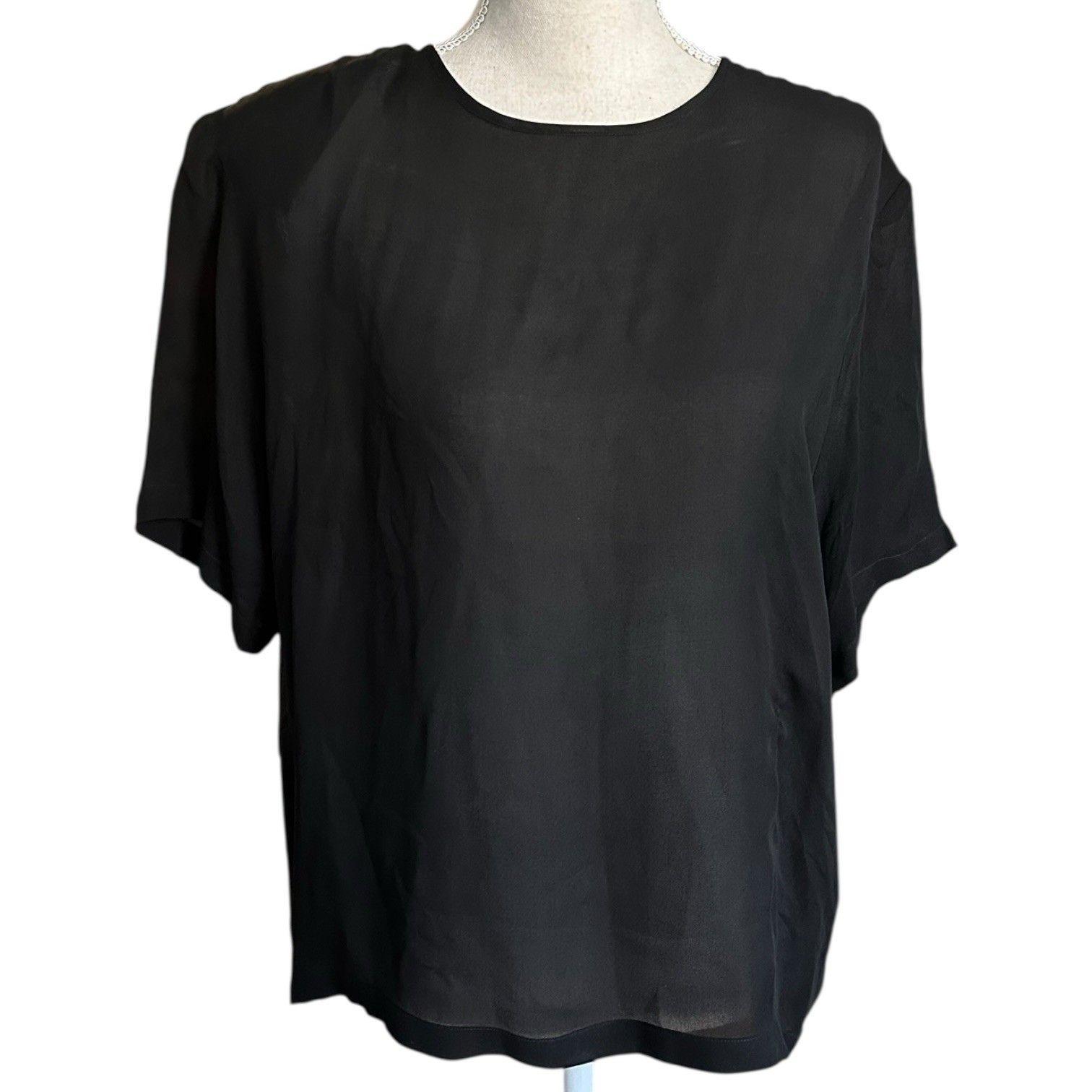 Henri Bendel Women’s Size 10 Sheer Black Silk Short Sleeve Blouse Vintage 1980s