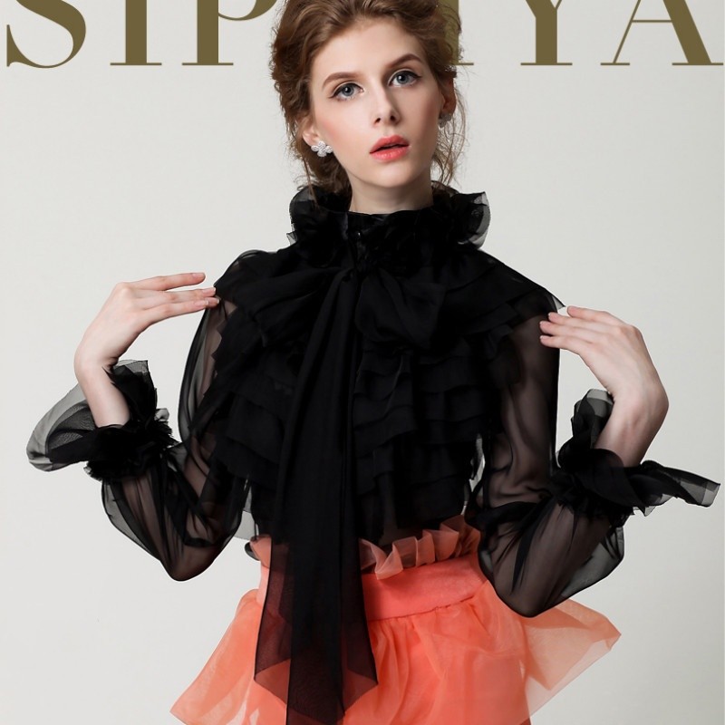 Ladies Sheer Transparent Lotus Ruffle Collared Shirt Vintage Blouse Top Solid