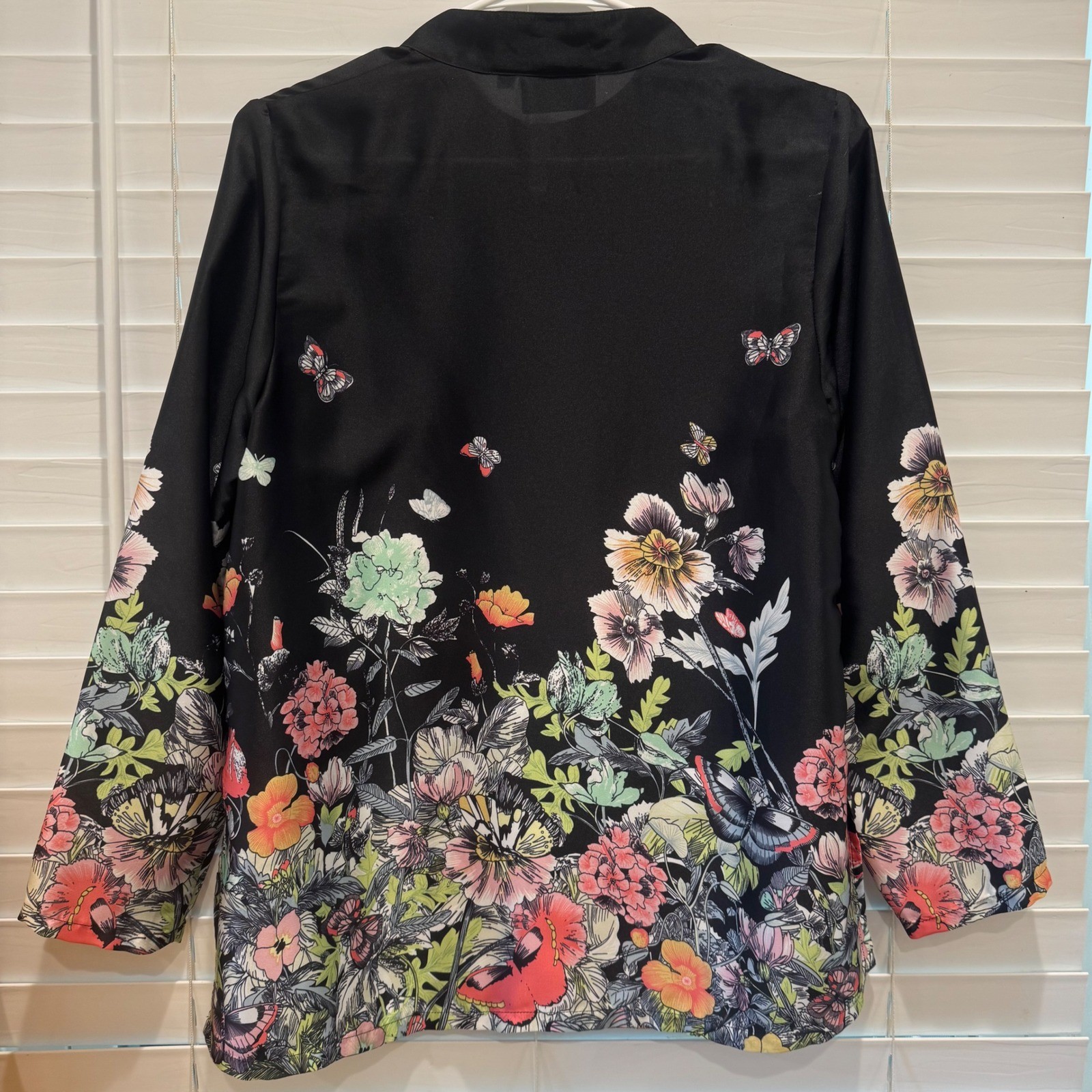 Mary G. Palm Beach Floral Butterfly Tunic Women’s Small Black Mandarin Collar