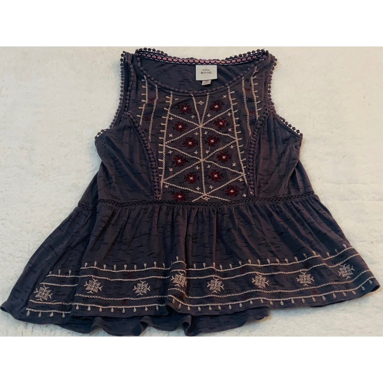Knox Rose Boho Embroidered Peplum Tank Top Gray Sleeveless XS