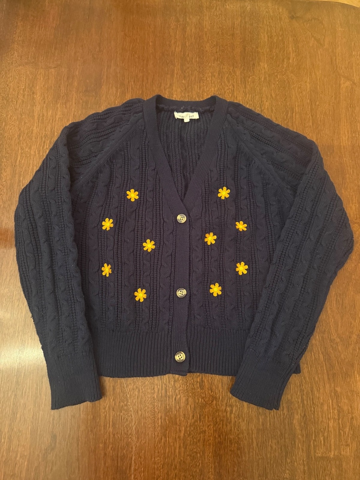 Tidal Nest Navy Cable Knit Cardigan Embroidered Daisy Floral Cotton Size Small
