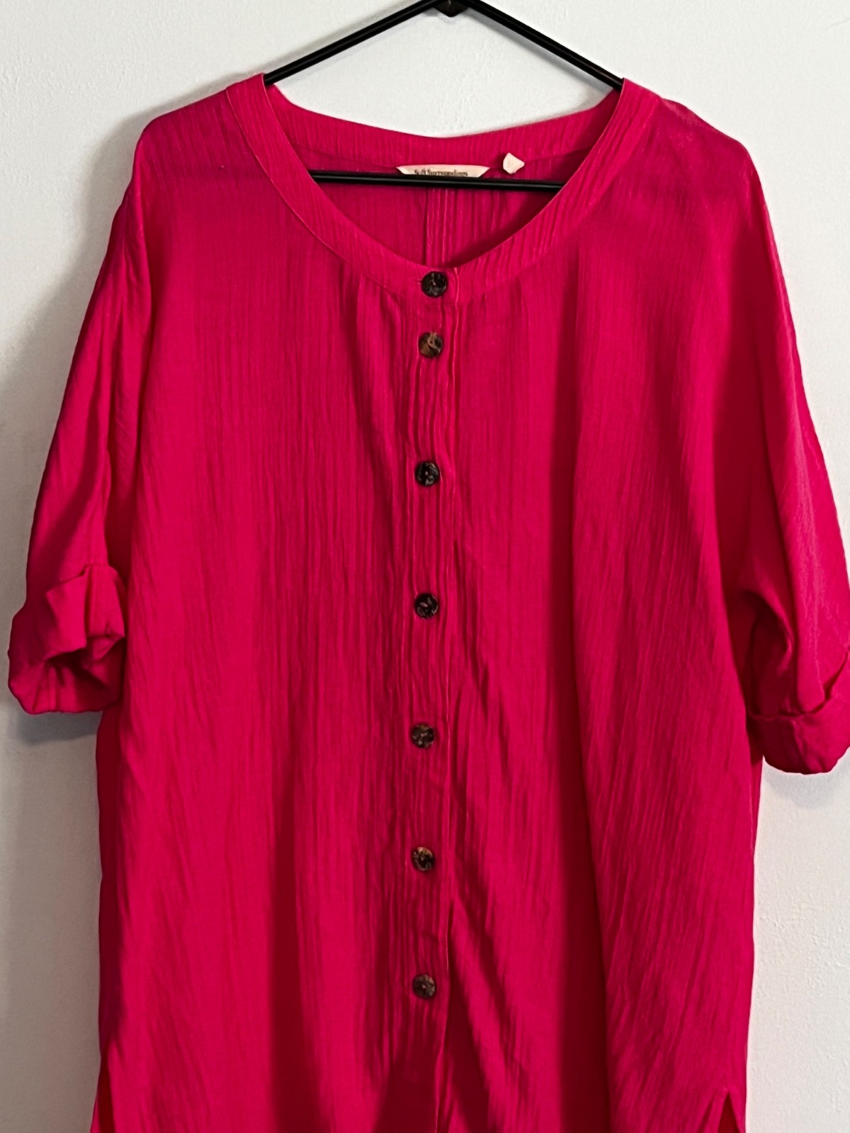 Soft Surroundings Pink Crinkle Gauze Tunic Top Button Up Short Sleeves Sz L