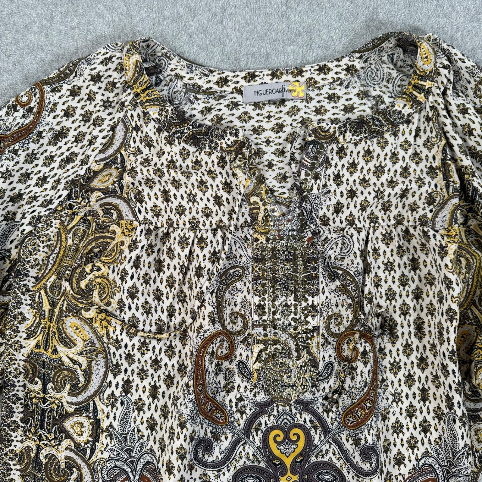 Figueroa & Flower Bedazzled Peasant Blouse Womens XL 3/4 Sleeve Brown Yellow Top