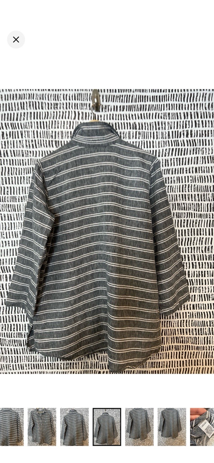 Habitat Gray White Striped Button-Up Collared 3/4 Sleeve Cotton Woven Top L