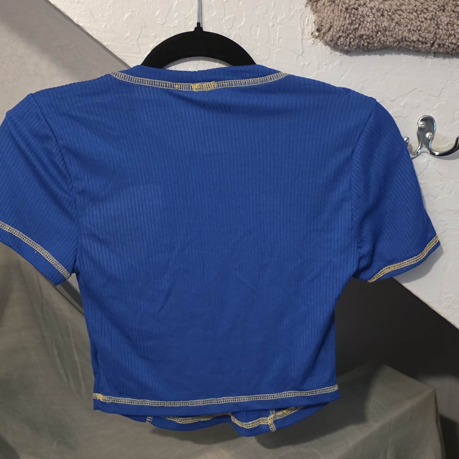 Love J Blue Ribbed Cropped Scoop Neck Short Sleeve T-Shirt Contrast Stitch L