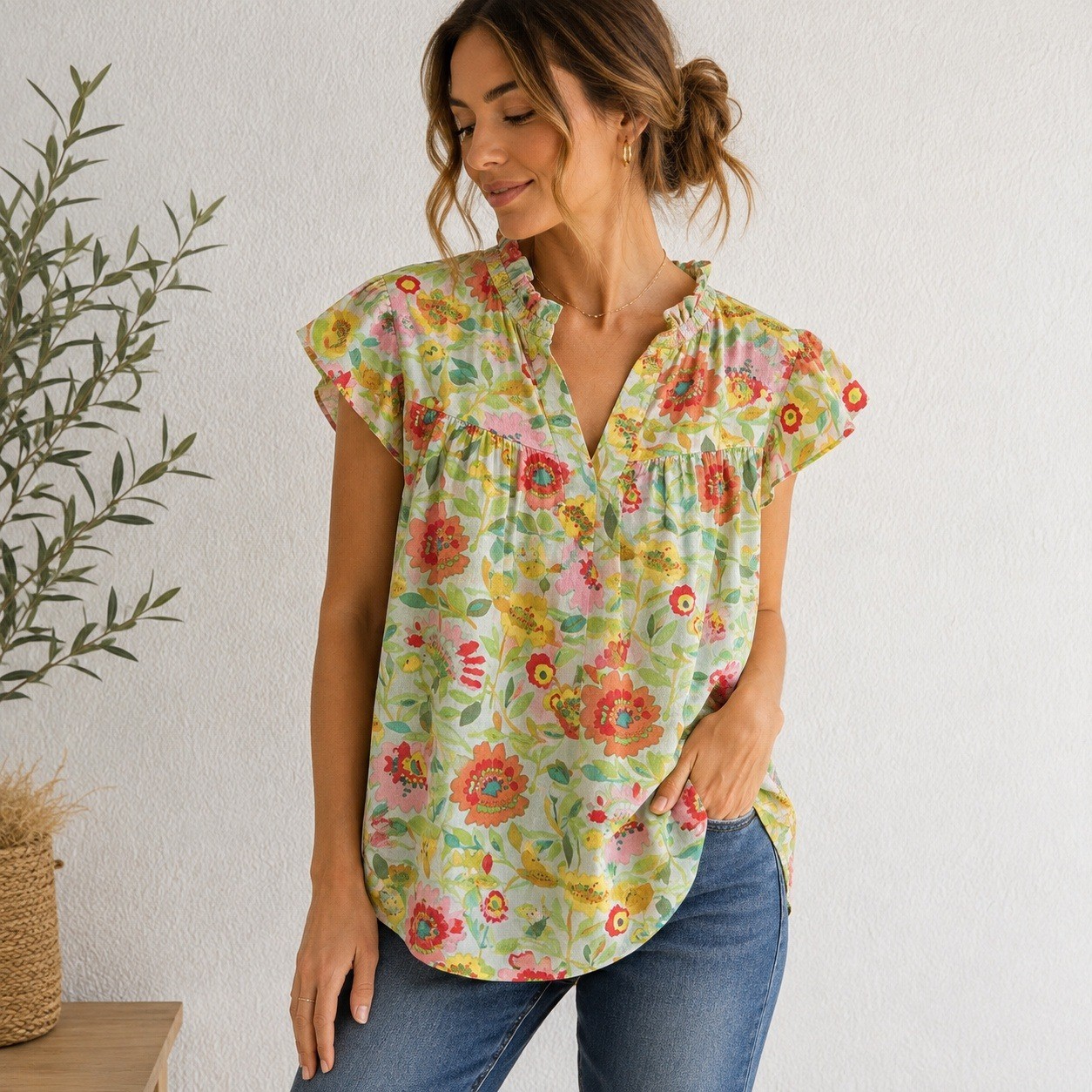 Ivy Jane Blouse Womens M Floral Flutter Sleeve Ruffle Boho Pintuck Cotton Top