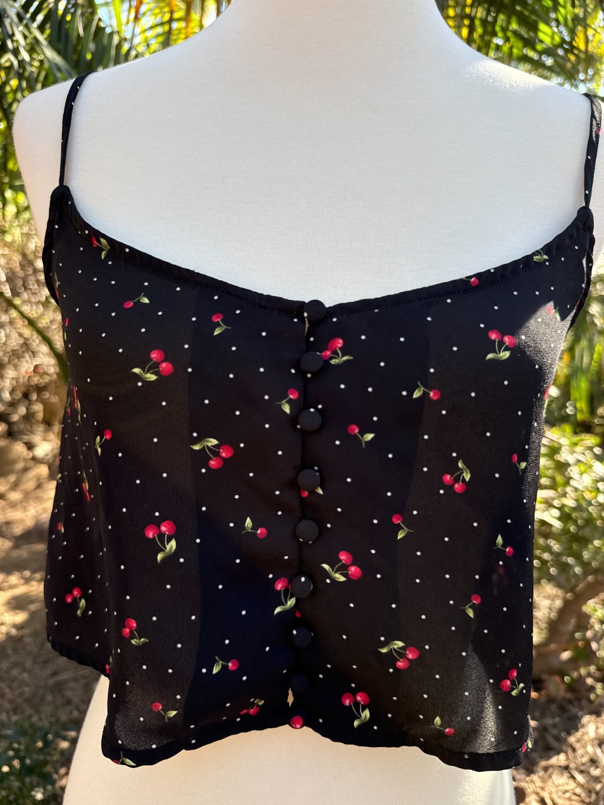 90s Y2K Revival Sheer Cherry Micro Dot Cropped Cami Size S Whimsigoth Dark Fairy