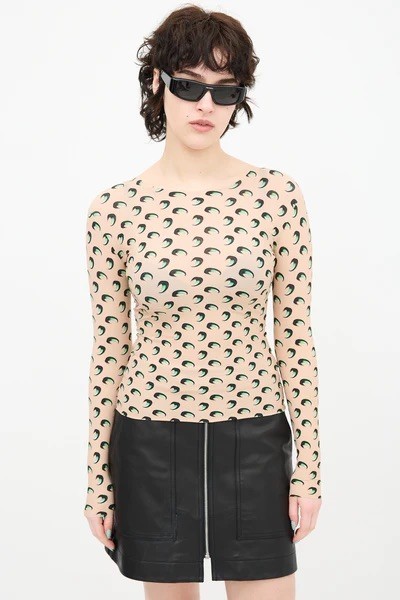 MARINE SERRE White Line Second Skin Stretch Tan Moon Print Long Sleeve Top M = 8