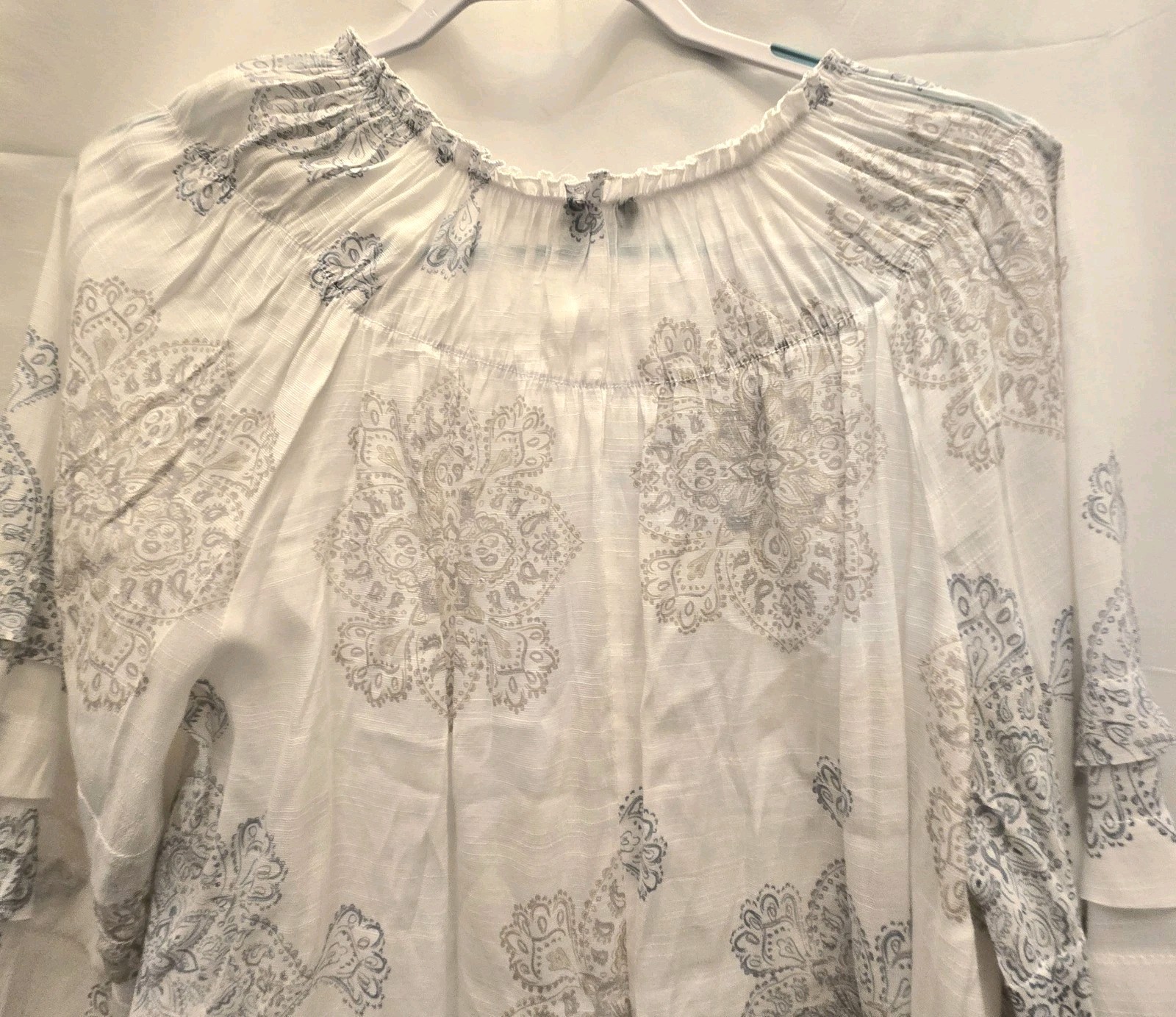 Unique Spectrum Peasant Blouse Women L White Tassel Retro Boho Resort Sheer B400