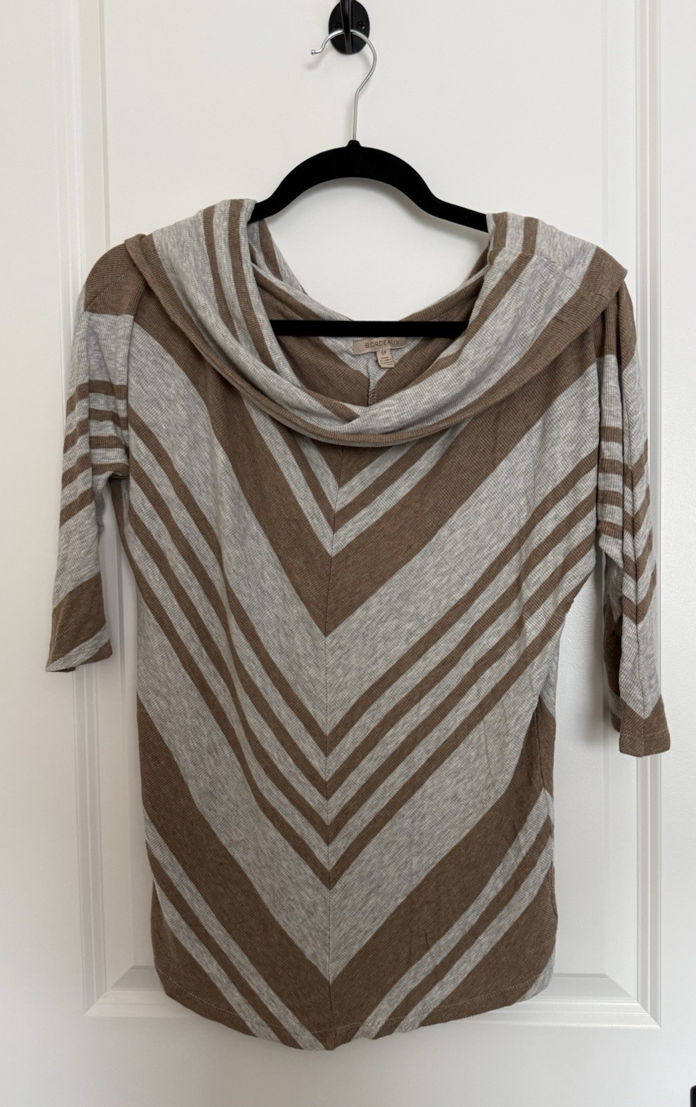Anthropologie Bordeaux Womens Small Gray Brown Striped Cowl Neck 3/4 Sleeve Top