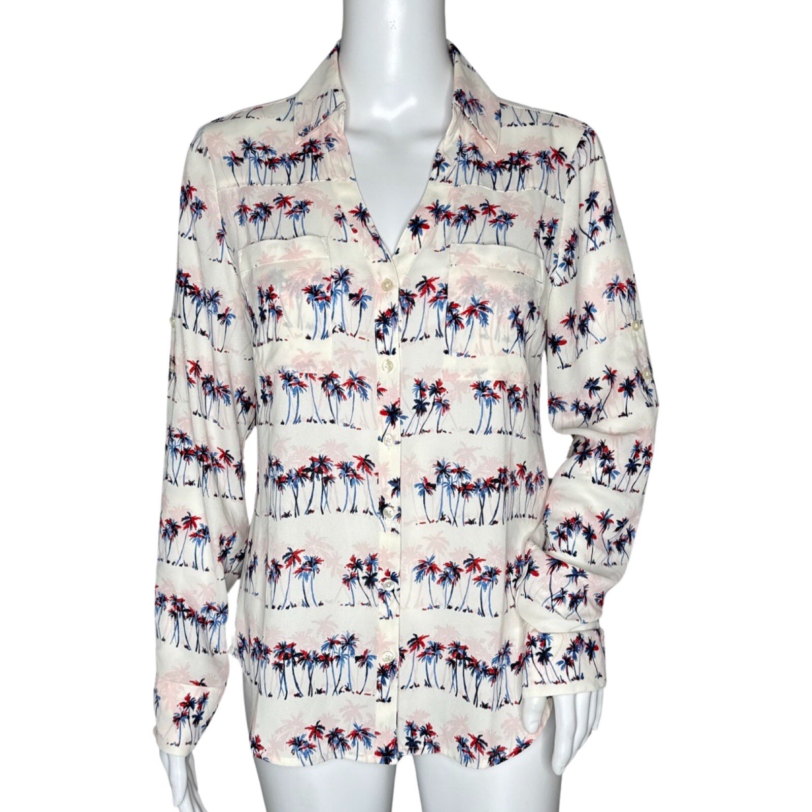 Express Shirt Womens XS White Blue Red Pink Palm Trees Portofino Office Casual
