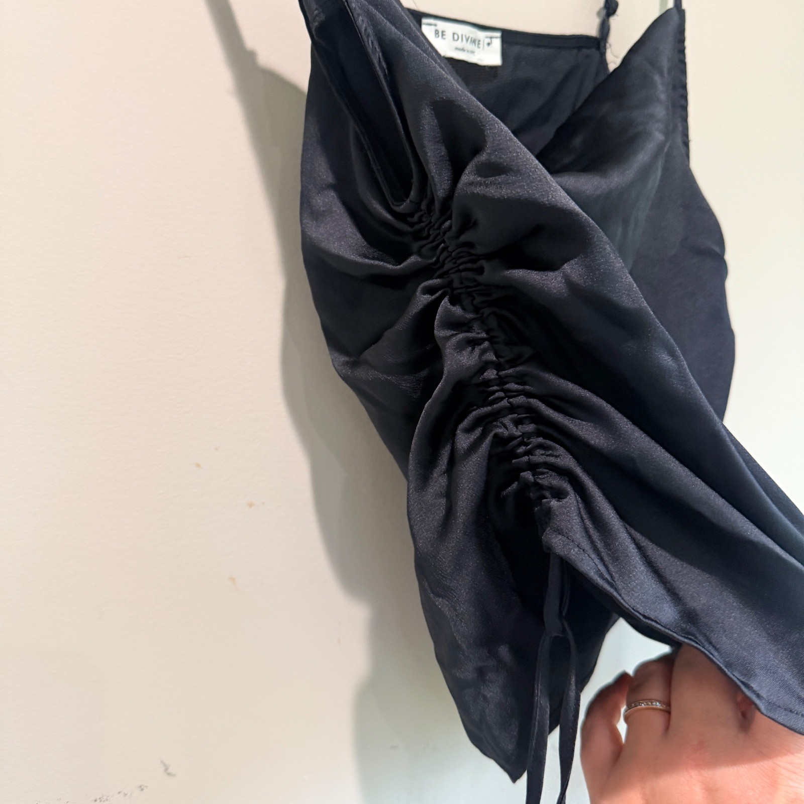 Be Divine Cowl Neck Ruched Cami Tie Side Sinch Womens S Black Satin Indie Sleaze