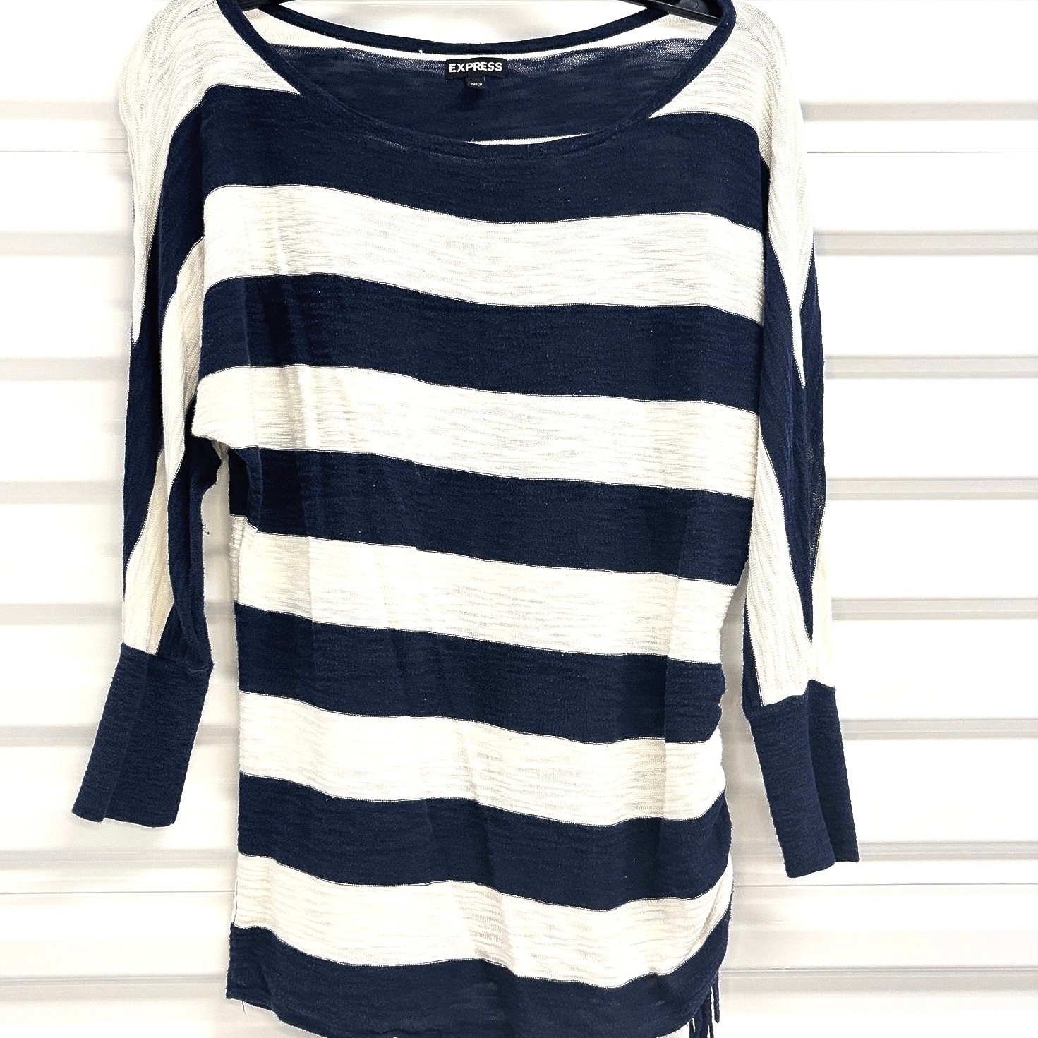 Express Womens S Navy White Striped Knit Top Side Ruched Drawstring 3/4 Sleeve