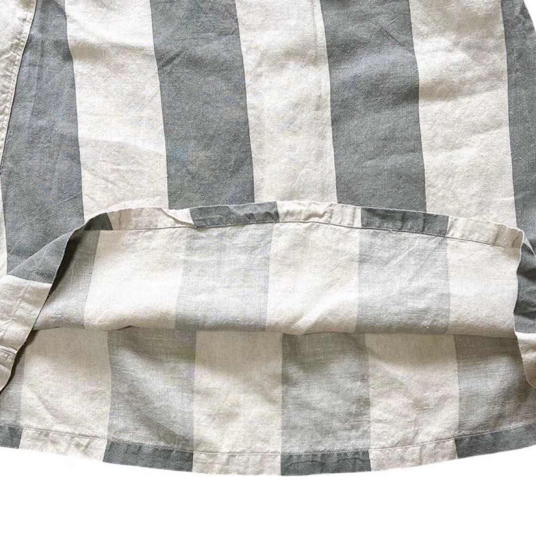 Ichi Antiquites Linen Knee-Length Skirt Beige Gray Stripe Elastic Waist