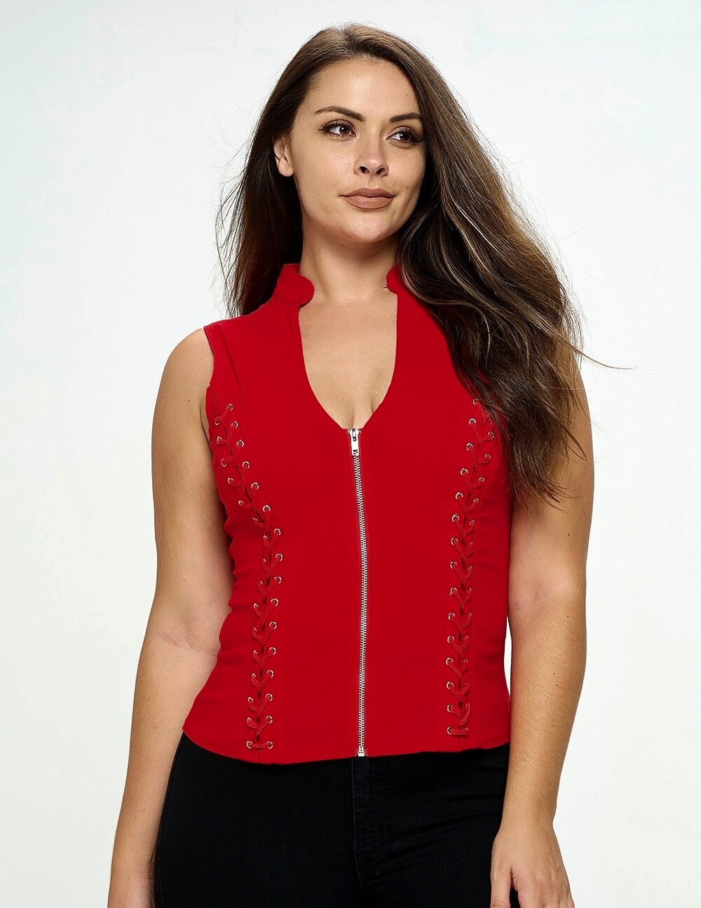 Hearts Rob Lace Up Zip Up Criss Cross Back Vest Tank Top Red Plus 1XL 2XL 3XL