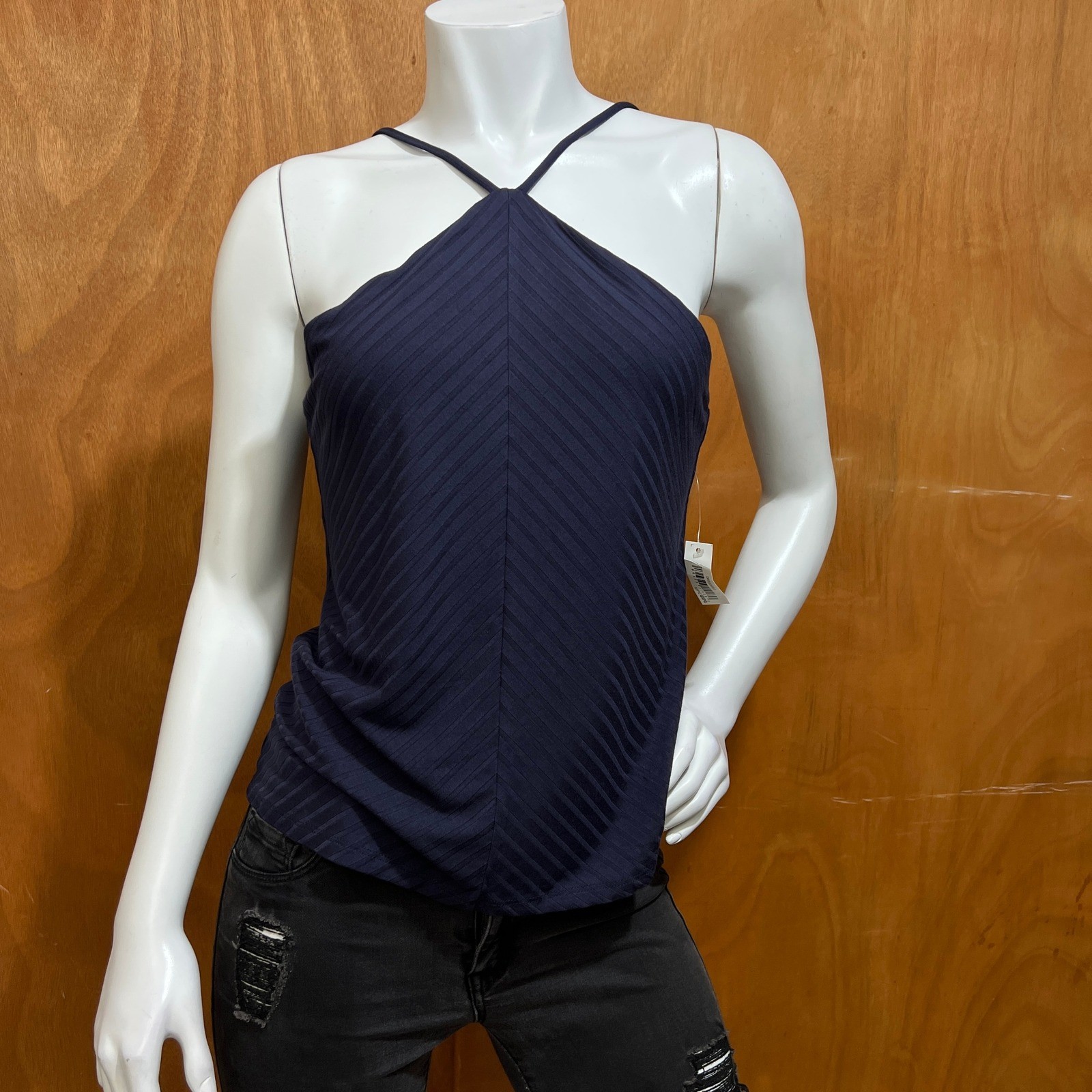 Daily Ritual Women’s Navy Wide Rib Cropped T-strap Cami Top Size Large NEW