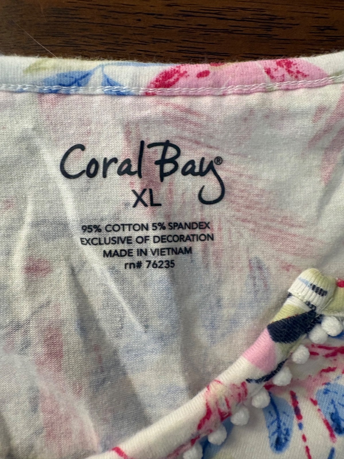 Coral Bay Womens XL Tropical Floral Top Pink Blue Palm Print Cotton Stretch Tee