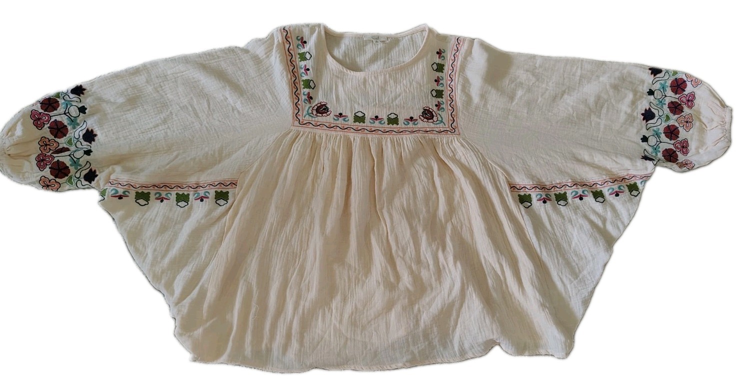 Easel Blouse Size L Gauge Embroidery Wide Sleeves 100%, Cotton Oversized