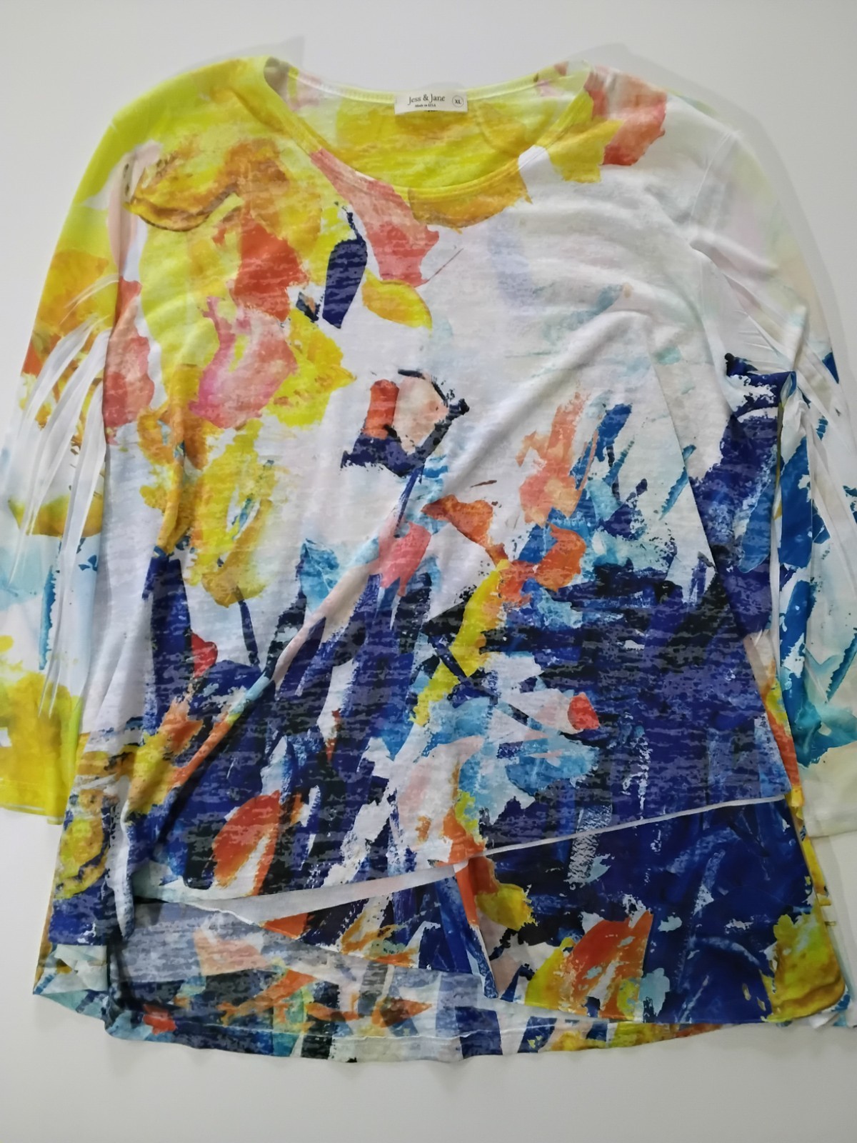 Jess & Jane Bravo Tunic Top Womens XL Blue Gold Cooling Mesh Sleeve Made In USA